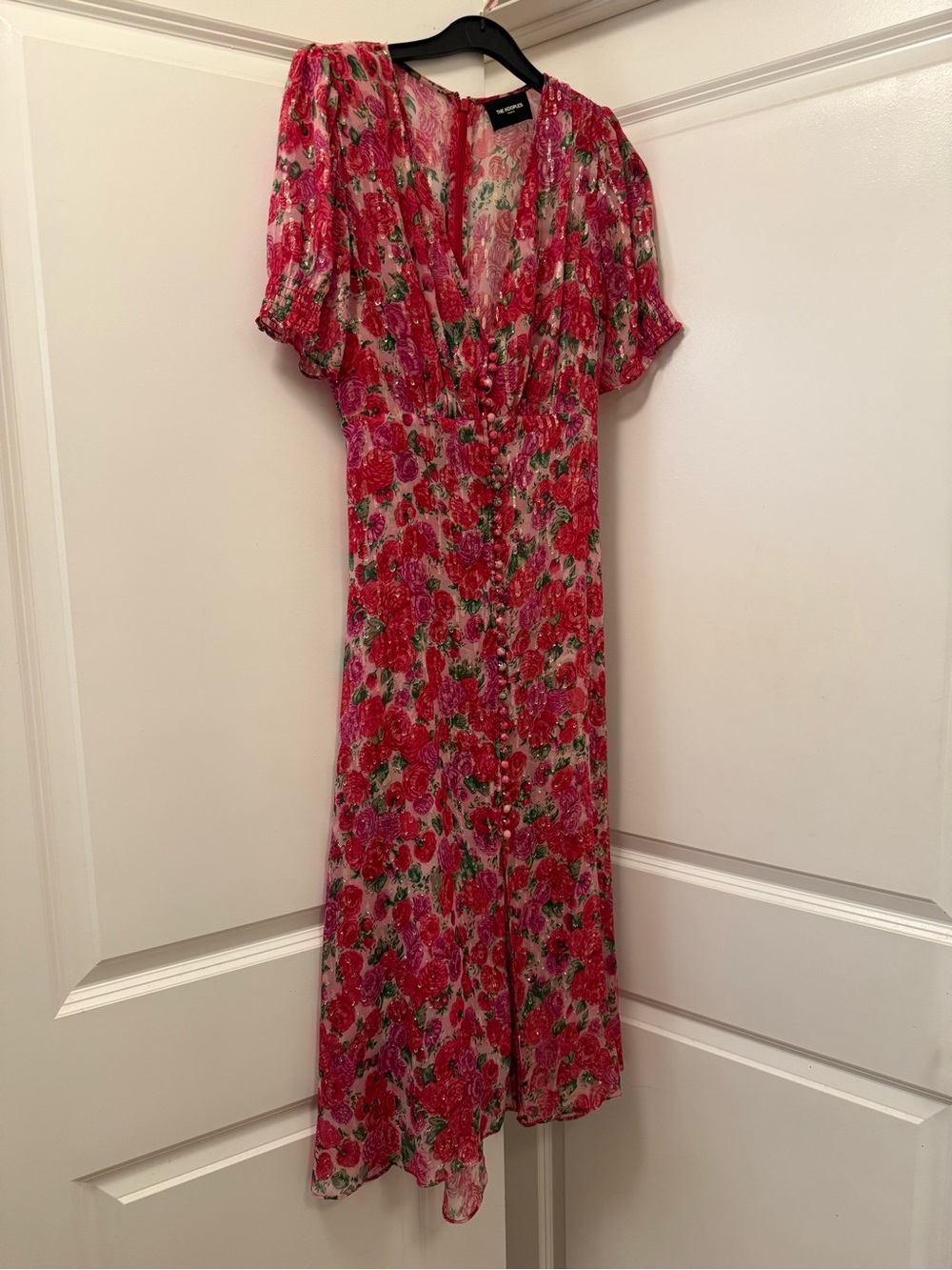 Pink Floral OPT midi length dress w shimmer detail